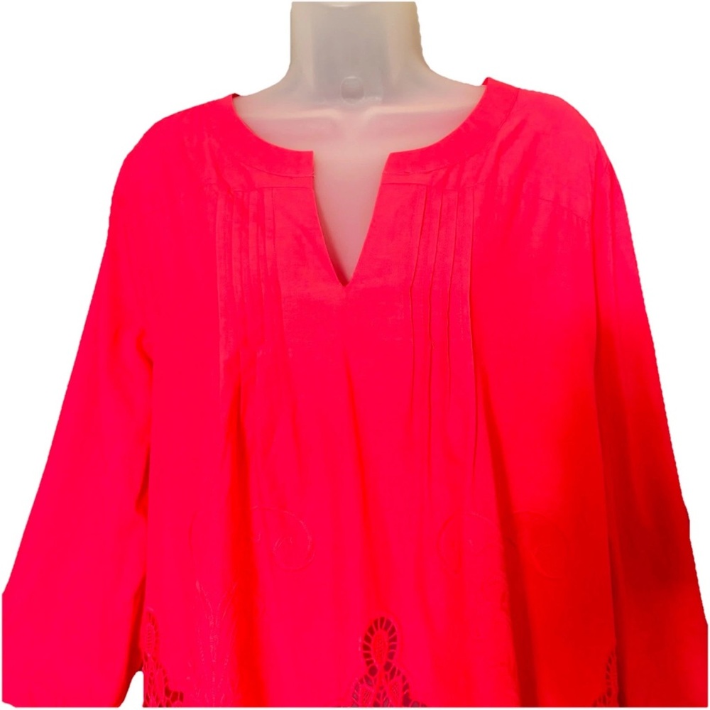 Saint Tropez West Cotton Tunic Top Size 1X Hot Pink Cut Out Lace Feminine - Picture 2 of 11